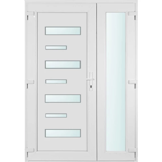 140x210 balos aszimmetrikusan nyíló Zebra 7 üveges bejárati ajtó 3 rétegű üveggel extra vastag hőszigetelt panellal 5 kamrás fehér