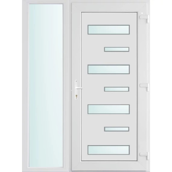 140x210 jobbos Zebra 7 üveges bejárati ajtó 3 rétegű üveggel extra vastag hőszigetelt panellal oldalvilágítóval 5 kamrás fehér