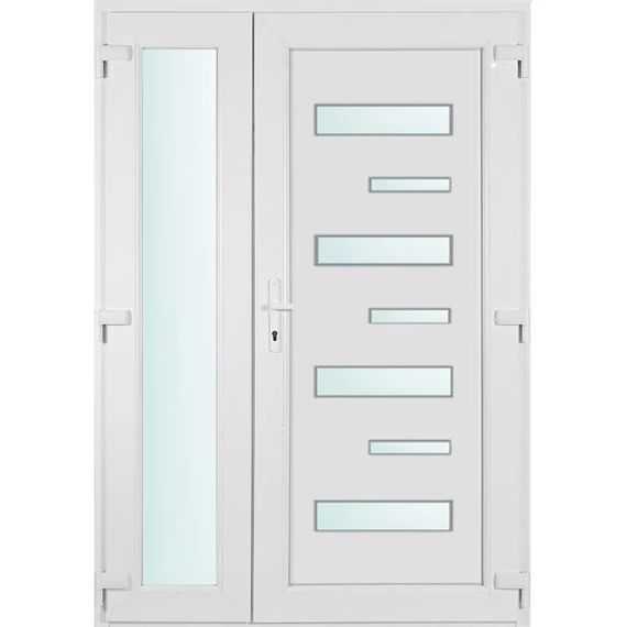 140x210 jobbos aszimmetrikusan nyíló Zebra 7 üveges bejárati ajtó 3 rétegű üveggel extra vastag hőszigetelt panellal 5 kamrás fehér