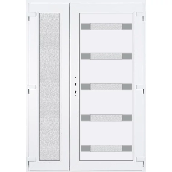 140x210 jobbos aszimmetrikusan nyíló Hidas 5 üveges Aluminium rátétes műanyag bejárati ajtó 5 kamrás fehér