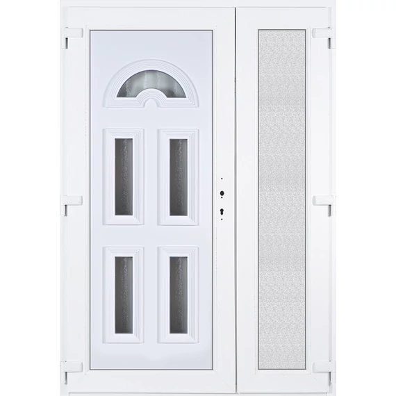 140x210 balos aszimmetrikusan nyíló Köln 5 üveges bejárati ajtó 3 rétegű üveggel extra vastag hőszigetelt panellal 5 kamrás fehér