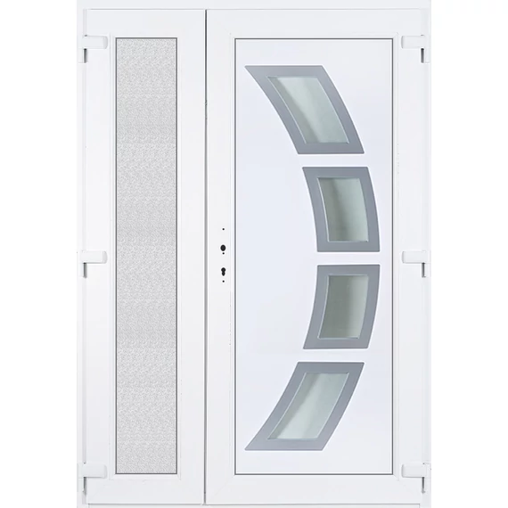 140x210 jobbos aszimmetrikusan nyíló Szeben 4 üveges bejárati ajtó 3 rétegű üveggel extra vastag hőszigetelt panellel 5 kamrás fehér RP