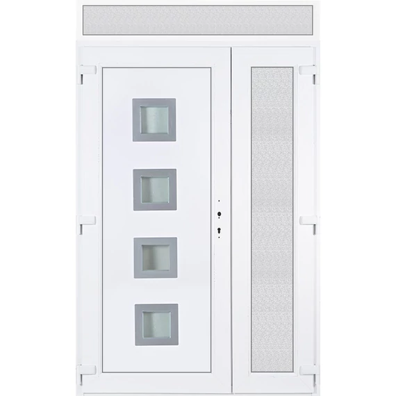 140x240 balos aszimmetrikusan nyíló Bihar 4 üveges műanyag bejárati ajtó felülvilágítóval 5 kamrás fehér