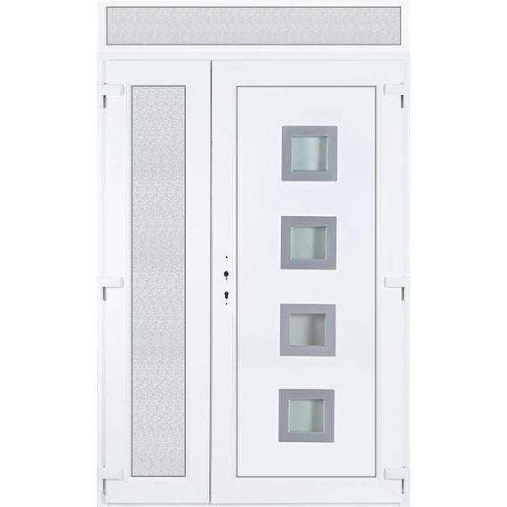140x240 jobbos aszimmetrikusan nyíló Bihar 4 üveges bejárati ajtó 3 rétegű üveggel extra vastag hőszigetelt panellel felülvilágítóval 5 kamrás fehér RP