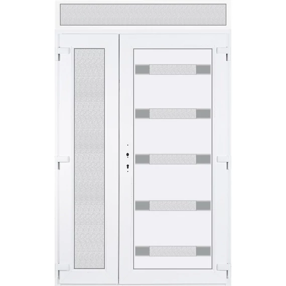 140x240 jobbos aszimmetrikusan nyíló Hidas 5 üveges Aluminium rátétes műanyag bejárati ajtó felülvilágítóval 5 kamrás fehér