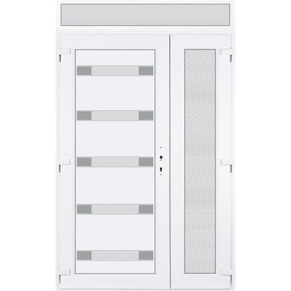 140x240 balos aszimmetrikusan nyíló Hidas 5 üveges bejárati ajtó 3 rétegű üveggel extra vastag hőszigetelt panellel felülvilágítóval 5 kamrás fehér RP