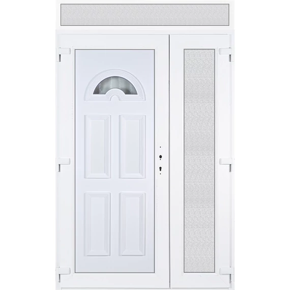 140x240 balos aszimmetrikusan nyíló Köln 1 üveges műanyag bejárati ajtó felülvilágítóval 5 kamrás fehér