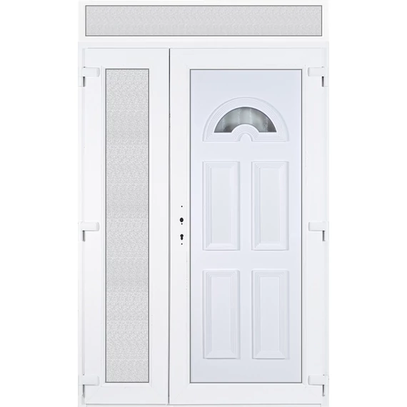 140x240 jobbos aszimmetrikusan nyíló Köln 1 üveges bejárati ajtó 3 rétegű üveggel extra vastag hőszigetelt panellal felülvilágítóval 5 kamrás fehér