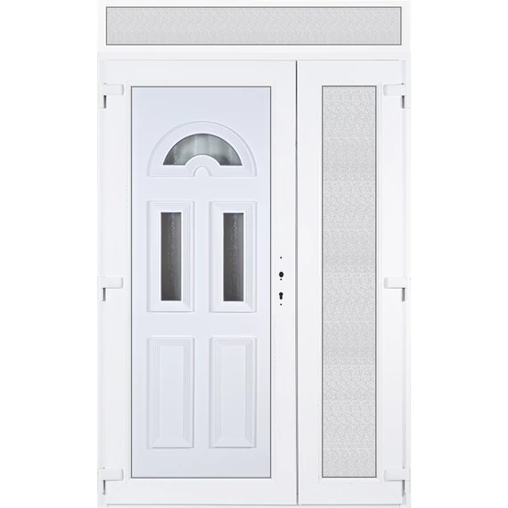 140x240 balos aszimmetrikusan nyíló Köln 3 üveges műanyag bejárati ajtó felülvilágítóval 5 kamrás fehér