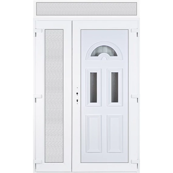 140x240 jobbos aszimmetrikusan nyíló Köln 3 üveges bejárati ajtó 3 rétegű üveggel extra vastag hőszigetelt panellel felülvilágítóval 5 kamrás fehér RP