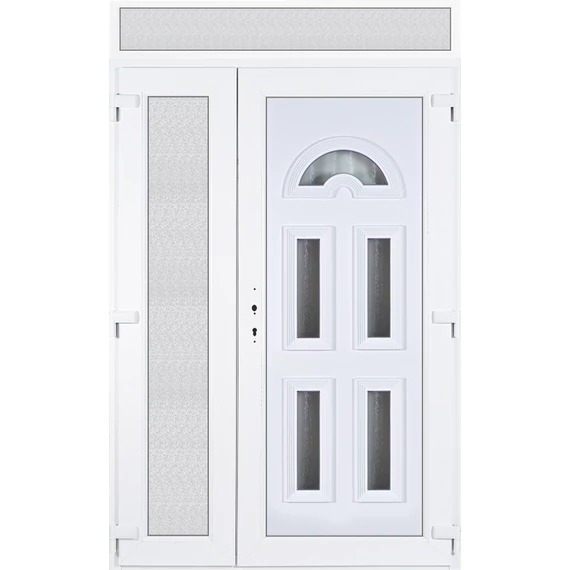 140x240 jobbos aszimmetrikusan nyíló Köln 5 üveges műanyag bejárati ajtó felülvilágítóval 5 kamrás fehér