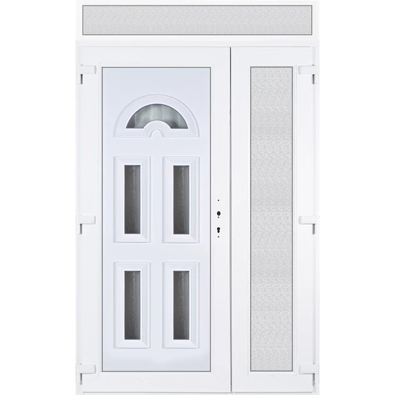 140x240 balos aszimmetrikusan nyíló Köln 5 üveges bejárati ajtó 3 rétegű üveggel extra vastag hőszigetelt panellal felülvilágítóval 5 kamrás fehér