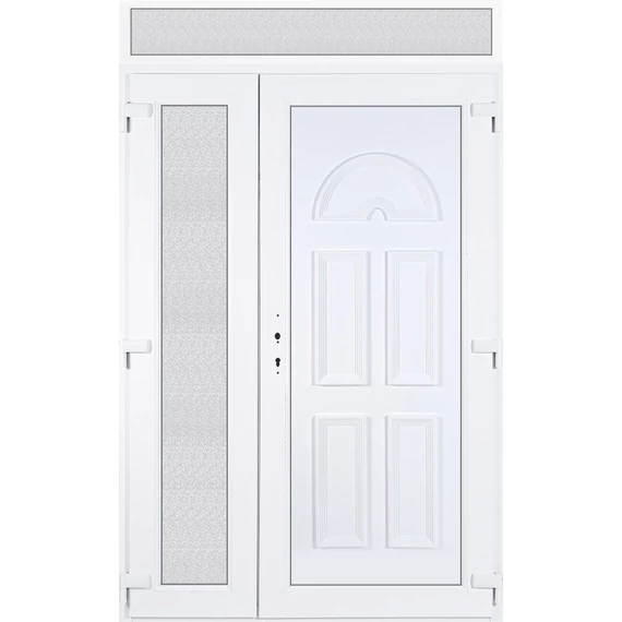 140x240 jobbos aszimmetrikusan nyíló Köln tömör bejárati ajtó extra vastag hőszigetelt panellal felülvilágítóval 5 kamrás fehér