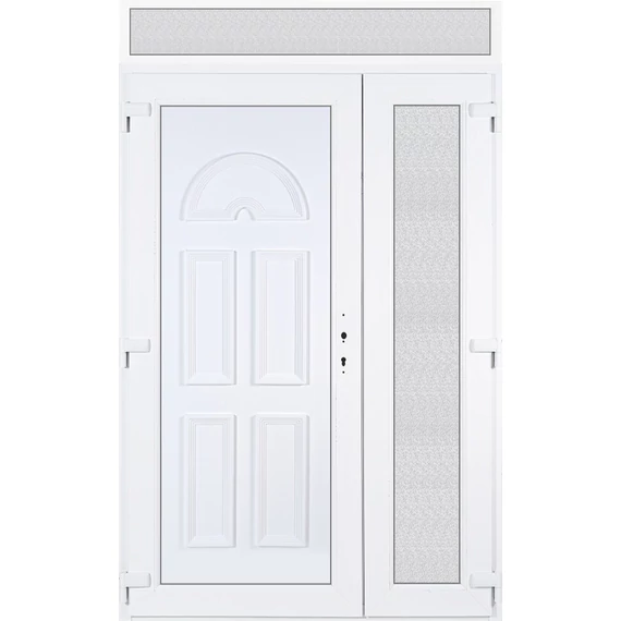 140x240 balos aszimmetrikusan nyíló Köln tömör bejárati ajtó extra vastag hőszigetelt panellel felülvilágítóval 5 kamrás fehér RP