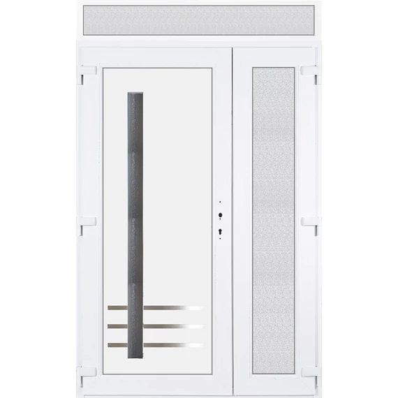 140x240 balos aszimmetrikusan nyíló Vértes 1 üveges bejárati ajtó 3 rétegű üveggel extra vastag hőszigetelt panellal felülvilágítóval 5 kamrás fehér