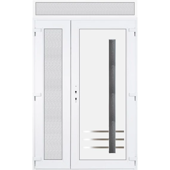 140x240 jobbos aszimmetrikusan nyíló Vértes 1 üveges bejárati ajtó 3 rétegű üveggel extra vastag hőszigetelt panellal felülvilágítóval 5 kamrás fehér