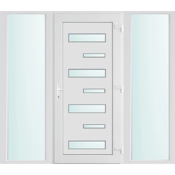 200x210 jobbos Zebra 7 üveges bejárati ajtó 3 rétegű üveggel extra vastag hőszigetelt panellal oldalvilágítóval 5 kamrás fehér