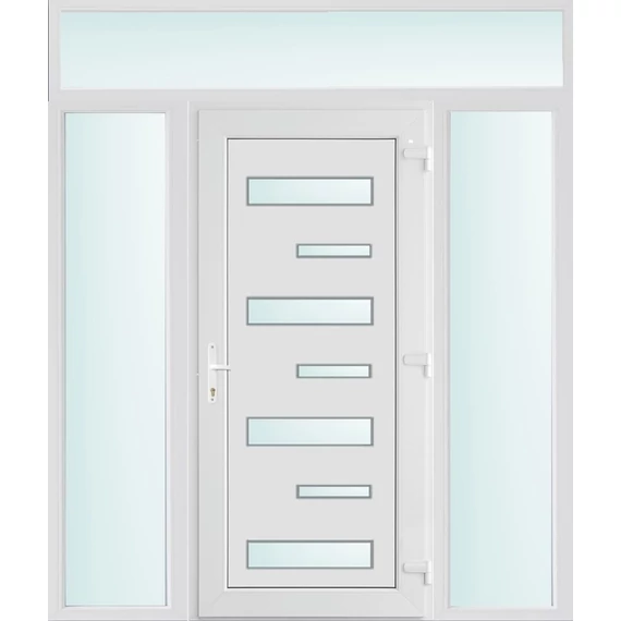 200x240 jobbos Zebra 7 üveges bejárati ajtó 3 rétegű üveggel extra vastag hőszigetelt panellal felül+oldalvilágítóval 5 kamrás fehér