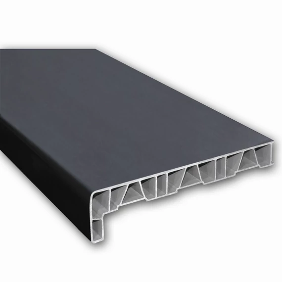 Műanyag párkány fóliázott antracitszürke 50 cm mélységű 240 cm hosszúságú kamrás szerkezetű csak belső használatra REN: 02.11.71.000041-116700