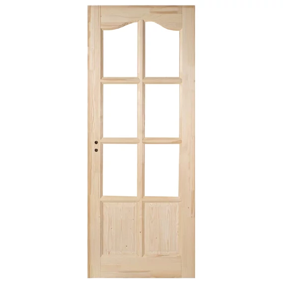 100x210 Íves kazettás félig üvegezhető fenyőfa beltéri ajtó jobbos