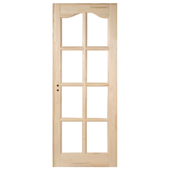90x210 Íves kazettás félig üvegezhető fenyőfa beltéri ajtó jobbos