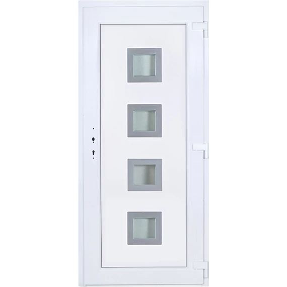 Bihar 4 üveges EXTRA hőszigetelésű 100x210 KIFELÉ NYÍLÓ műanyag bejárati ajtó jobbos fehér színben 3 rétegű üveggel Aluminium rátéttel