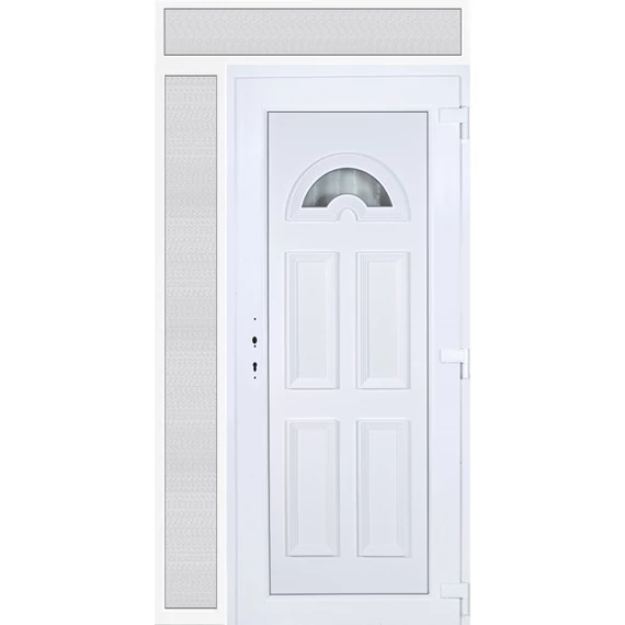 130x240 jobbos Köln 1 üveges bejárati ajtó 3 rétegű üveggel extra vastag hőszigetelt panellal felül+oldalvilágítóval 5 kamrás fehér