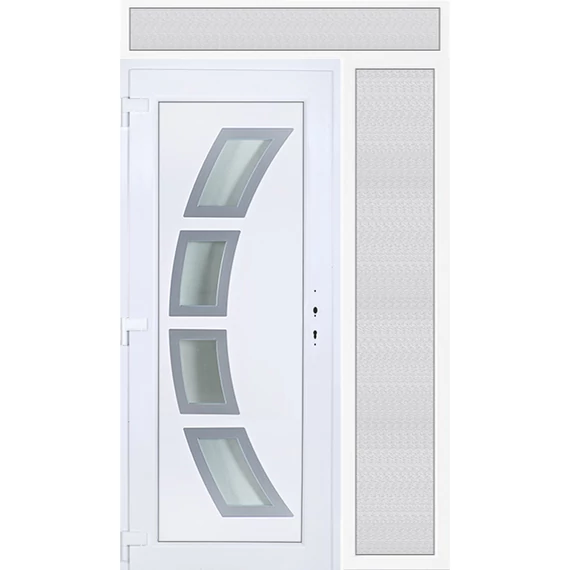 140x240 balos Szeben 4 üveges bejárati ajtó 3 rétegű üveggel extra vastag hőszigetelt panellal felül+oldalvilágítóval 5 kamrás fehér