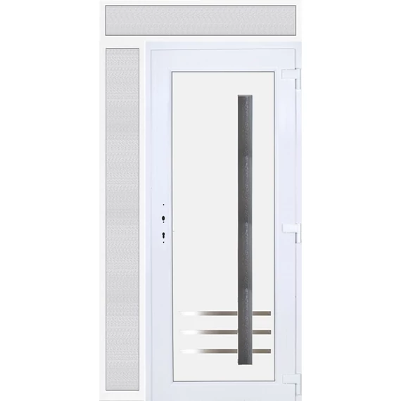 130x240 jobbos Vértes 1 üveges bejárati ajtó 3 rétegű üveggel extra vastag hőszigetelt panellal felül+oldalvilágítóval 5 kamrás fehér