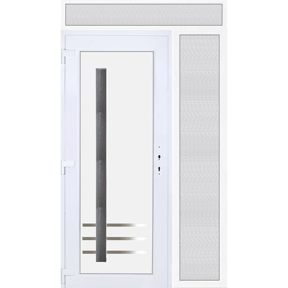 140x240 balos Vértes 1 üveges bejárati ajtó 3 rétegű üveggel extra vastag hőszigetelt panellel felül+oldalvilágítóval 5 kamrás fehér RP