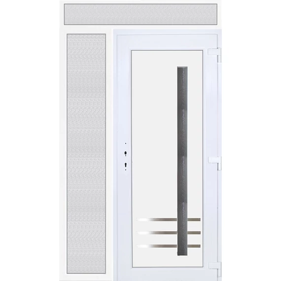 140x240 jobbos Vértes 1 üveges bejárati ajtó 3 rétegű üveggel extra vastag hőszigetelt panellal felül+oldalvilágítóval 5 kamrás fehér