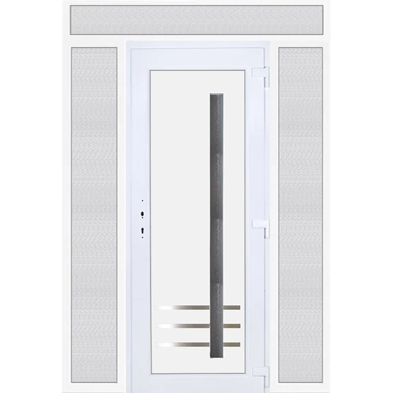 180x240 jobbos Vértes 1 üveges bejárati ajtó 3 rétegű üveggel extra vastag hőszigetelt panellal felül+oldalvilágítóval 5 kamrás fehér