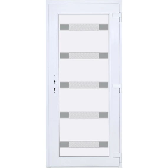 Hidas 5 üveges 100x210 KIFELÉ NYÍLÓ műanyag bejárati ajtó jobbos fehér színben 2 rétegű üveggel Aluminium rátéttel