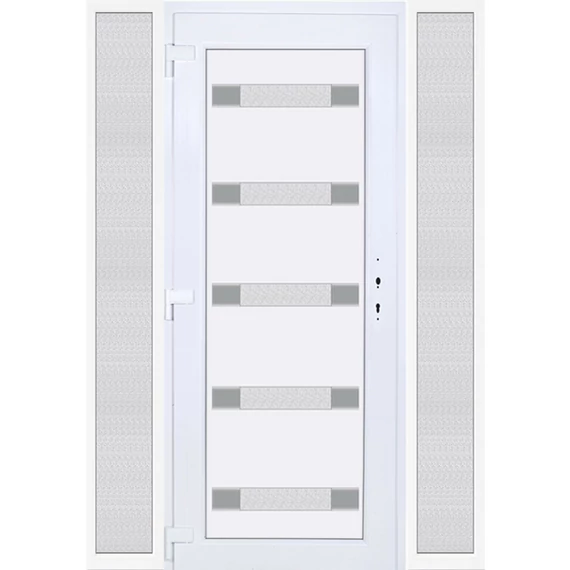 160x210 balos Hidas 5 üveges Aluminium rátétes műanyag bejárati ajtó oldalvilágítóval 5 kamrás fehér