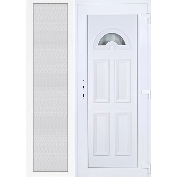 150x210 jobbos Köln 1 üveges bejárati ajtó 3 rétegű üveggel extra vastag hőszigetelt panellal oldalvilágítóval 5 kamrás fehér