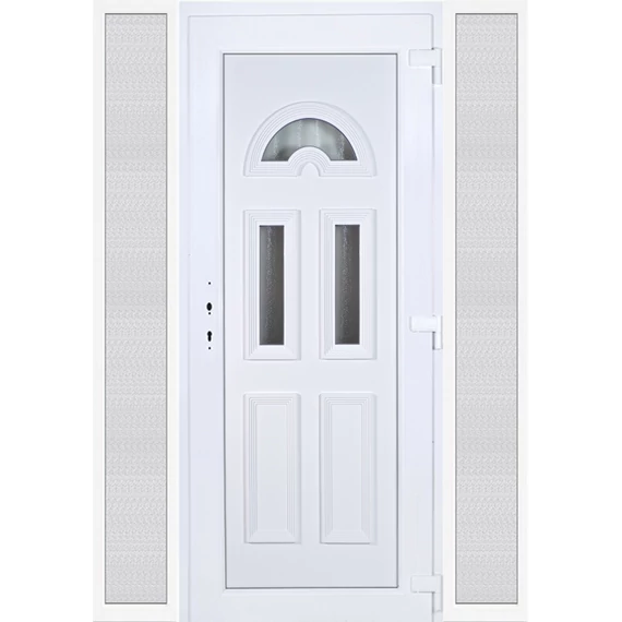 160x210 jobbos Köln 3 üveges bejárati ajtó 3 rétegű üveggel extra vastag hőszigetelt panellal oldalvilágítóval 5 kamrás fehér