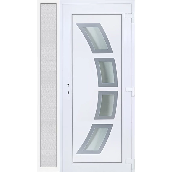Szeben 4 üveges EXTRA hőszigetelésű 130x210 KIFELÉ NYÍLÓ műanyag bejárati ajtó jobbos fehér színben 3 rétegű üveggel Aluminium rátéttel RP