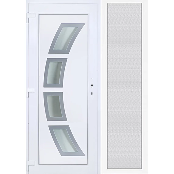 140x210 balos Szeben 4 üveges bejárati ajtó 3 rétegű üveggel extra vastag hőszigetelt panellal oldalvilágítóval 5 kamrás fehér