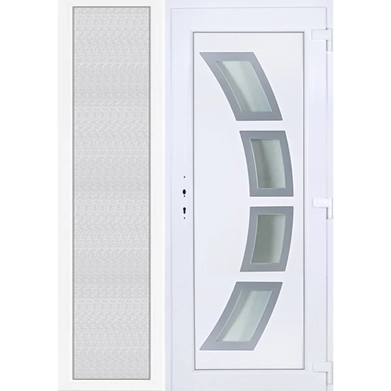140x210 jobbos Szeben 4 üveges bejárati ajtó 3 rétegű üveggel extra vastag hőszigetelt panellal oldalvilágítóval 5 kamrás fehér