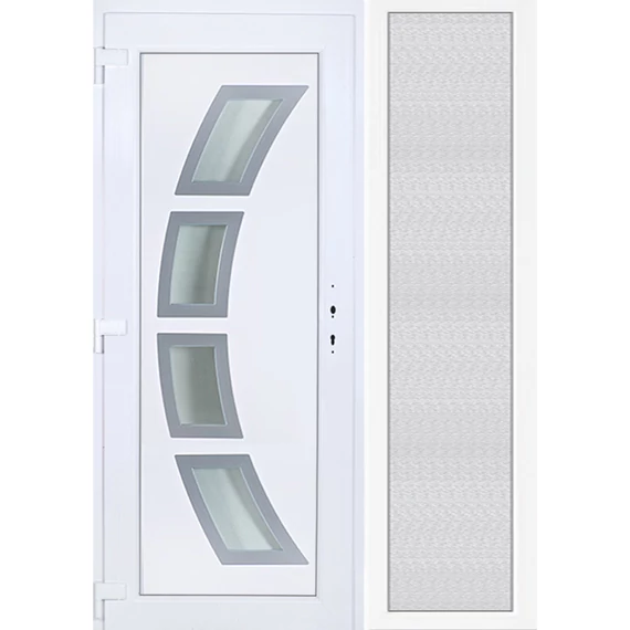 150x210 balos Szeben 4 üveges bejárati ajtó 3 rétegű üveggel extra vastag hőszigetelt panellal oldalvilágítóval 5 kamrás fehér