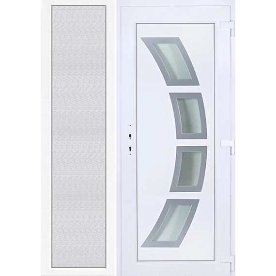 150x210 jobbos Szeben 4 üveges bejárati ajtó 3 rétegű üveggel extra vastag hőszigetelt panellal oldalvilágítóval 5 kamrás fehér