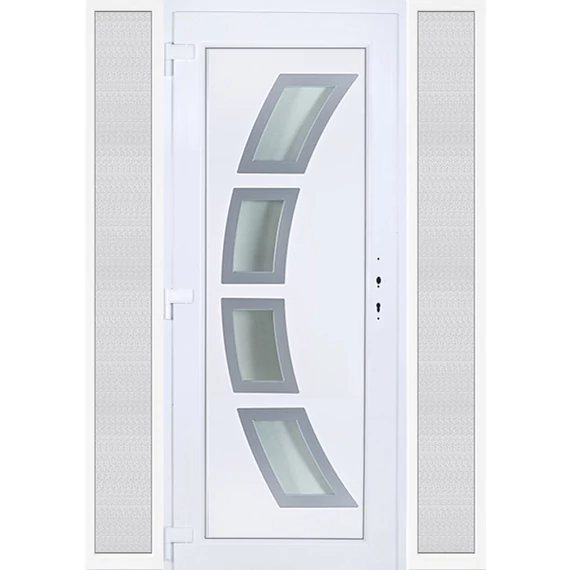 160x210 balos Szeben 4 üveges bejárati ajtó 3 rétegű üveggel extra vastag hőszigetelt panellal oldalvilágítóval 5 kamrás fehér