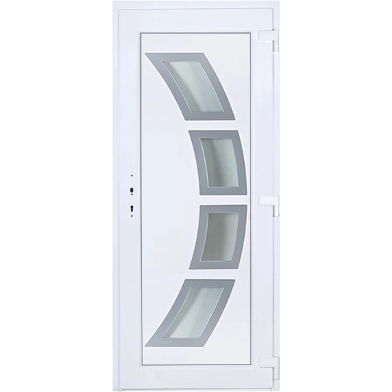 Szeben 4 üveges EXTRA hőszigetelésű 90x210 KIFELÉ NYÍLÓ műanyag bejárati ajtó jobbos fehér színben 3 rétegű üveggel Aluminium rátéttel
