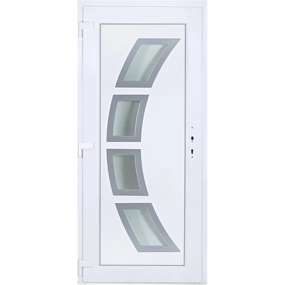 Szeben 4 üveges EXTRA hőszigetelésű 100x210 KIFELÉ NYÍLÓ műanyag bejárati ajtó balos fehér színben 3 rétegű üveggel Aluminium rátéttel