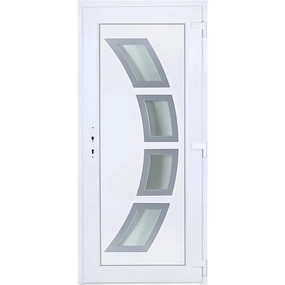 Szeben 4 üveges EXTRA hőszigetelésű 100x210 KIFELÉ NYÍLÓ műanyag bejárati ajtó jobbos fehér színben 3 rétegű üveggel Aluminium rátéttel