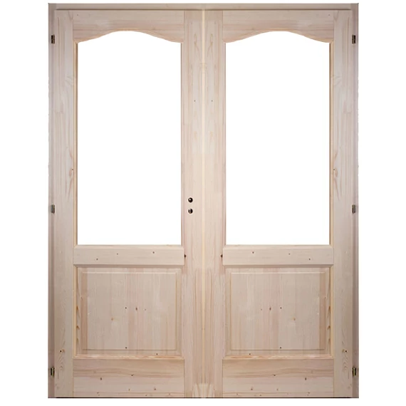 140x210 Rusztikus íves félig üvegezhető fenyőfa beltéri ajtó balos