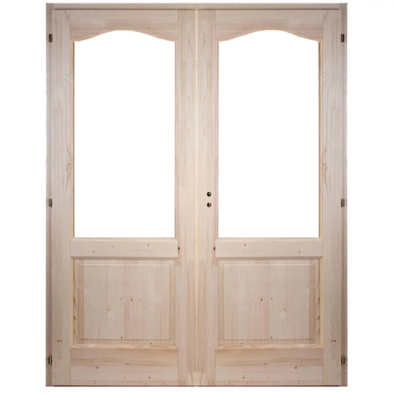 140x210 Rusztikus íves félig üvegezhető fenyőfa beltéri ajtó jobbos